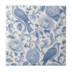 Carreau Toile de Jouy bleue motif floral et oiseaux frança