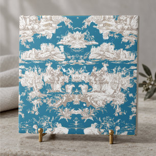 Carreau Toile de Jouy monogramme bleu turquoise vintage
