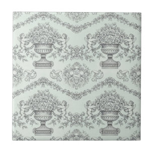 Carreau Toile de Jouy Vert Menthe avec Chérubin Baroque et