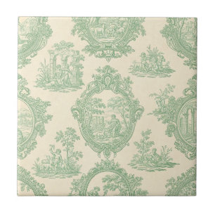 Carreau Toile de Jouy Vert Menthe Scène de Couple et Jardi
