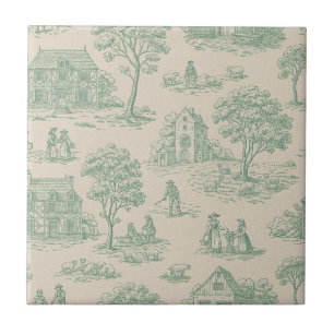Carreau Toile de Jouy verte pastorale Scène champêtre 7