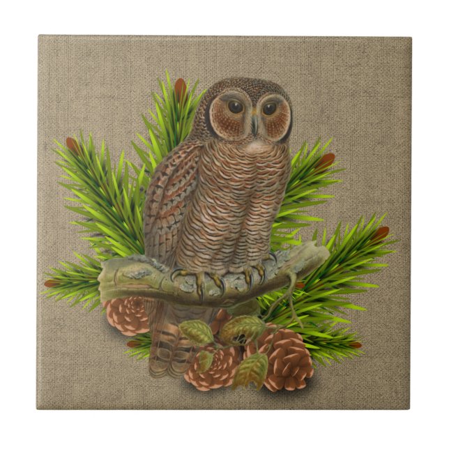 Carreau Toile de jute rustique avec hibou et branche de pi (Devant)