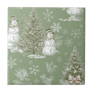 Carreau Toile de Noël bonhomme de neige vert sauge vintage