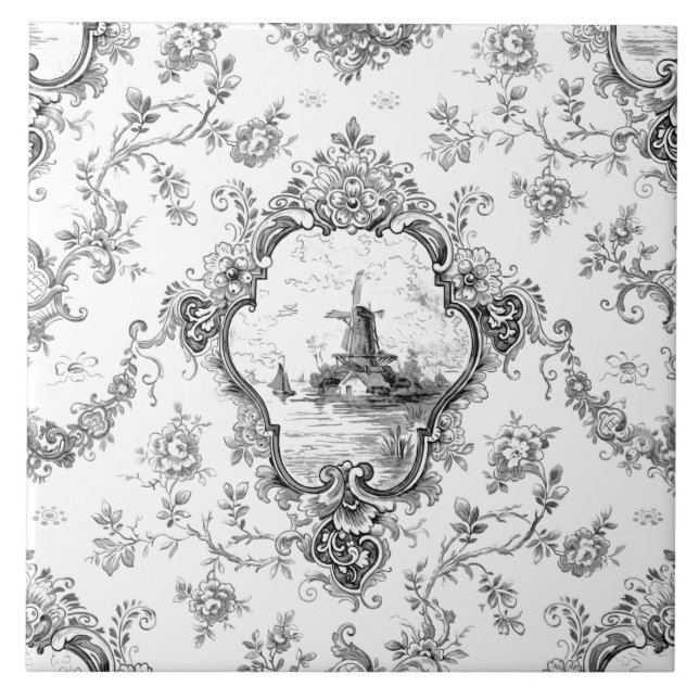 Carreau Toile florale gravée avec moulin à vent et bateaux (Devant)
