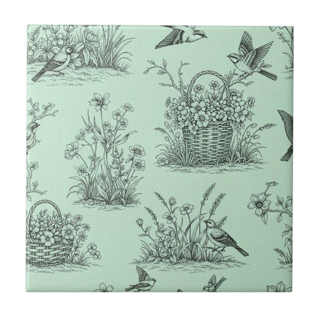 Carreau Toile pastorale vert menthe avec oiseaux et fleurs (Devant)