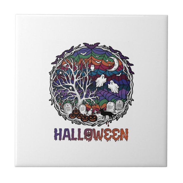 Carreau Toiles d'araignée d'Halloween Arbres Fantômes Citr (Devant)
