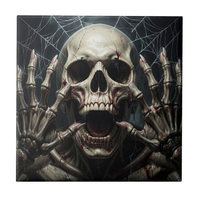 Carreau Toiles d'araignées, crâne et os Halloween effrayan (Devant)
