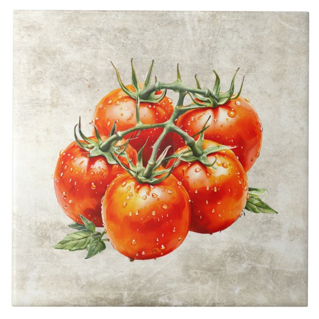 Carreau Tomates rouges rustiques à l'aquarelle Fausse text (Devant)