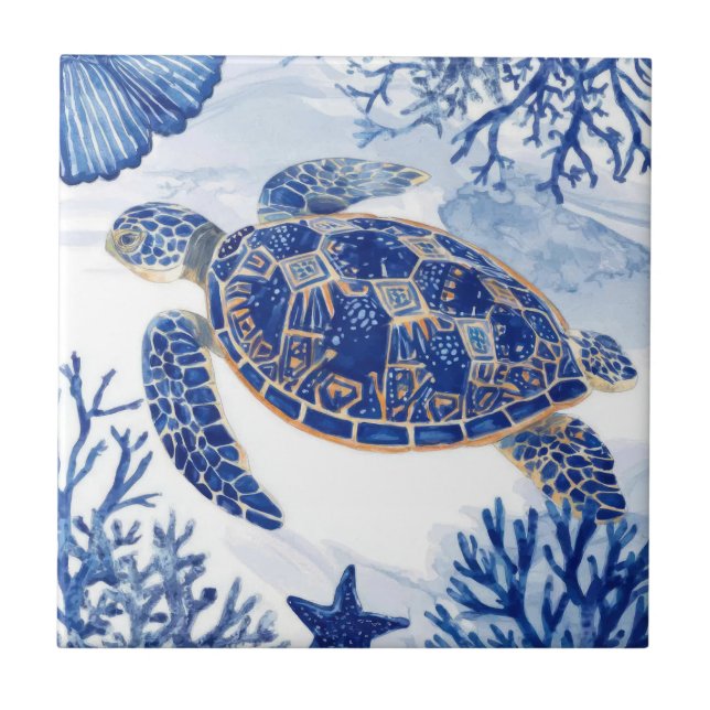 Carreau Tortue de mer à l'aquarelle Océan Bleu (Devant)