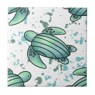 Carreau tortue de mer aquarelle verte motif bleu animal