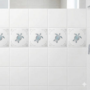 Carreau Tortue de mer argentée sur fond blanc côtier