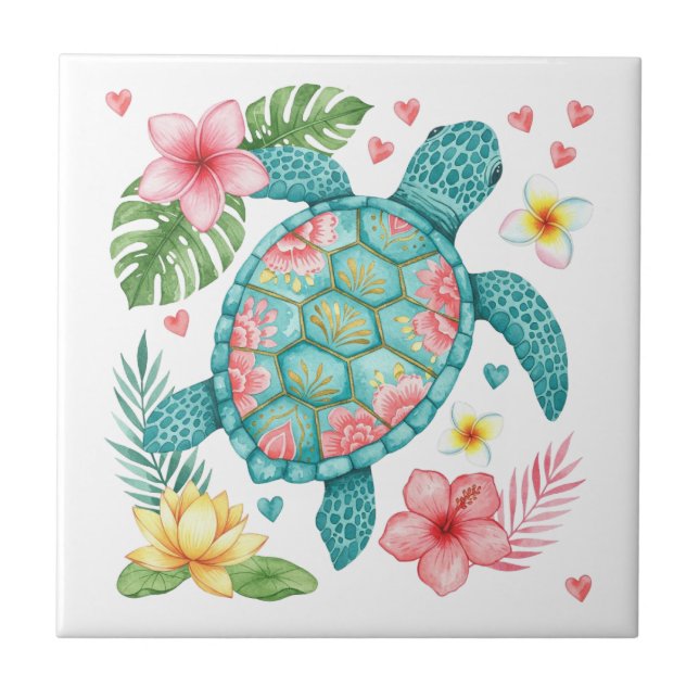 Carreau Tortue de mer et fleurs tropicales (Devant)