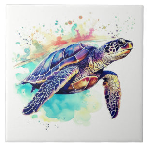 Carreau Tortue de mer Peinture d'aquarelle de natation