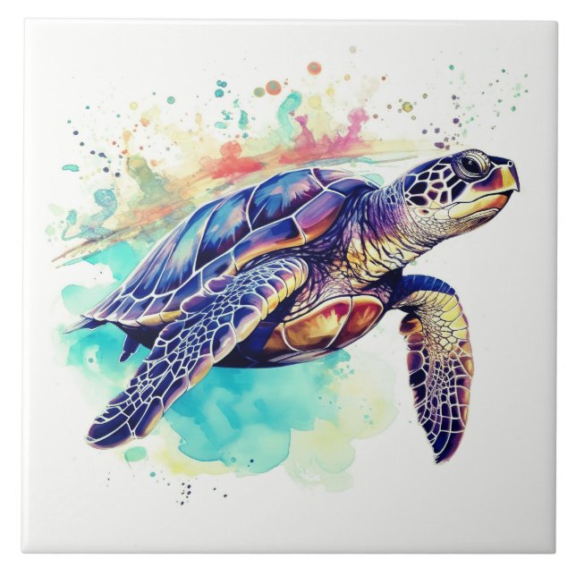 Carreau Tortue de mer Peinture d'aquarelle de natation (Devant)