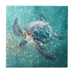 Carreau Tortue de mer turquoise scintillante   Côtière