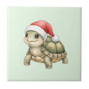 Carreau Tortue de Noël à l'aquarelle Chapeau de Père Noël