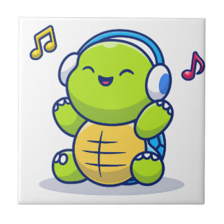 Carreau Tortue Mignonne Écoutant de la Musique Avec un Cas