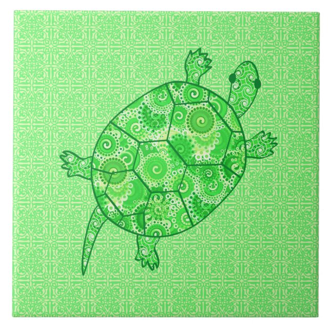 Carreau Tortue tourbée fractale - chaux et vert émeraude (Devant)