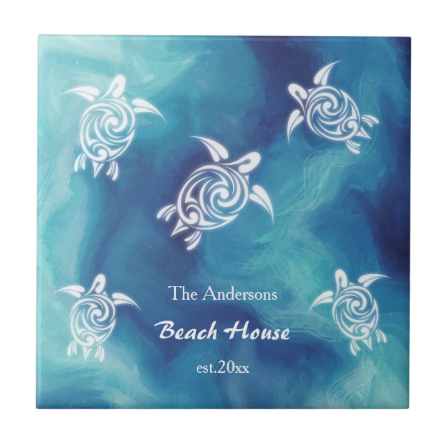 Carreau Tortues blanches Aquarelle bleu océan Texte côtier (Devant)