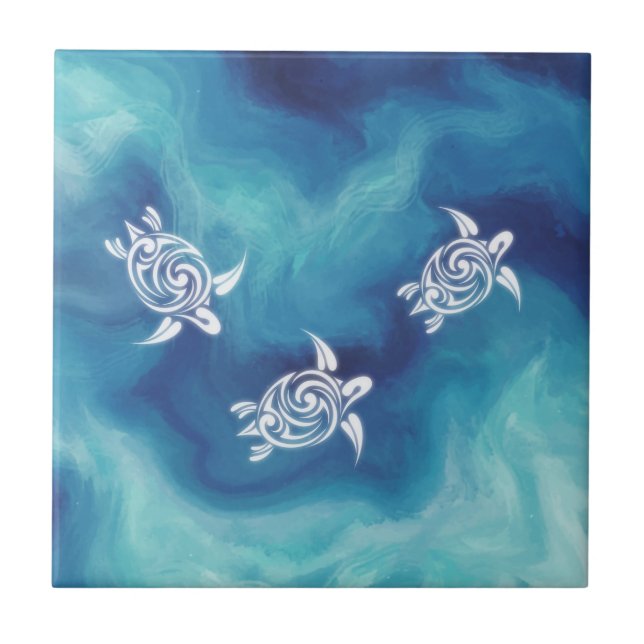Carreau Tortues blanches dans l'aquarelle de l'océan bleu (Devant)