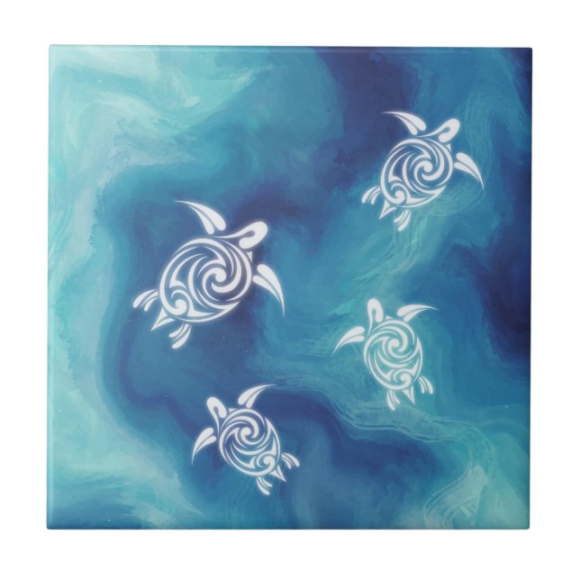 Carreau Tortues blanches Océan bleu Aquarelle Côtière (Devant)