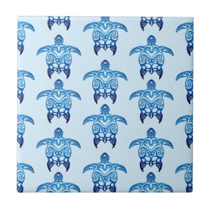 Carreau Tortues de Honu Tribal Bleu foncé