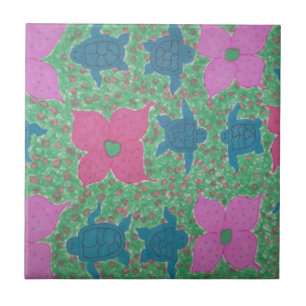 Carreau Tortues de mer et fleurs Art tropical