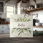 Carreau Toscane Olives rustiques Italia Script Brown<br><div class="desc">Bella Cucina Bouquet d'olive d'aquarelle rustique de branches & feuilles. Fait dans un script marron de coordination. Mélangez et faites correspondre d'autres tuiles dans ce même thème de coordination pour créer votre look parfait. 100% de satisfaction client avec "Zazzle" tous les jours.</div>