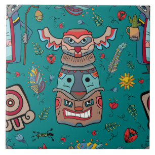 Carreau Totem amérindien noir Turquoise