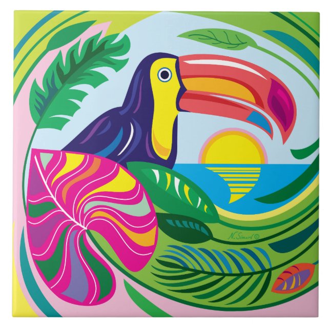 Carreau Toucan et feuilles tropicales (Devant)