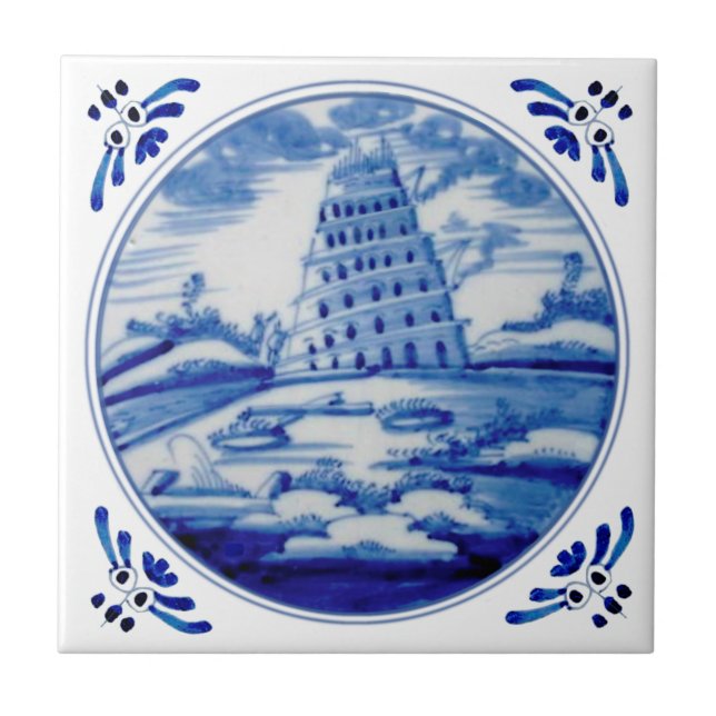 Carreau Tour de Babel Blue White Delft Repro du XIXe siècl (Devant)