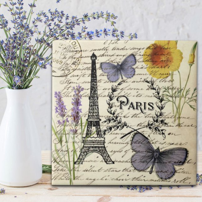 Carreau tour eiffel de paris, papillon rustique vintage (vintage rustic french butterfly paris eiffel tower ceramic tile)