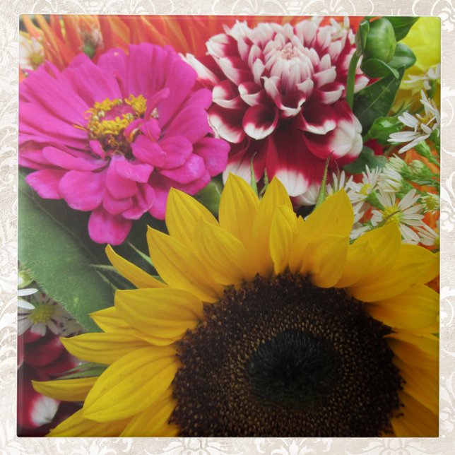 Carreau Tournesol doré rose Dahlia et violet Zinnia (Créateur téléchargé)