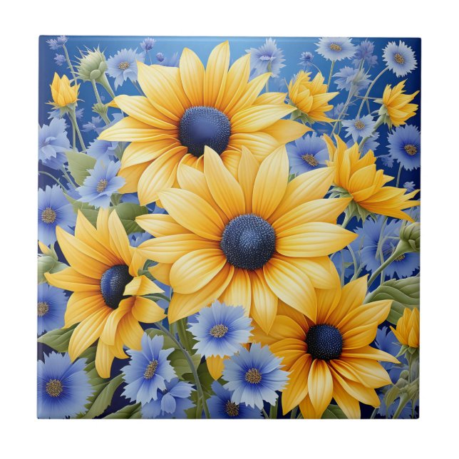 Carreau Tournesol Élégant Avec Fleurs sauvages Bleus Doux (Devant)