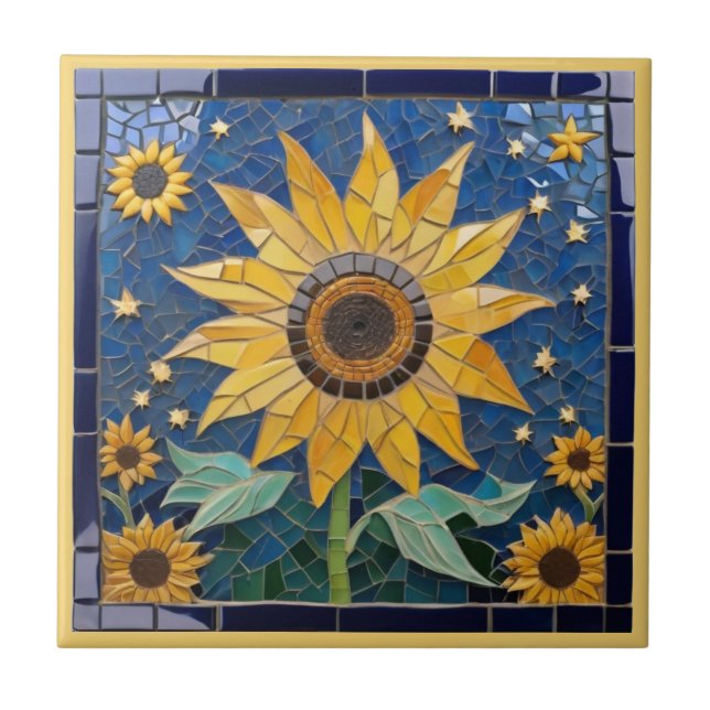Carreau Tournesol Faux Mosaïque Jaune Tournesols Marine Bl (Devant)