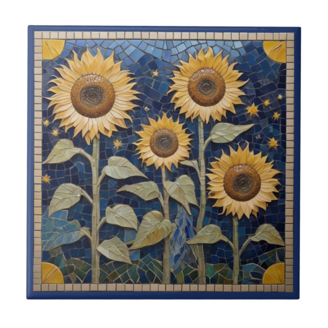 Carreau Tournesol Faux Mosaïque Jaune Tournesols Marine Bl (Devant)