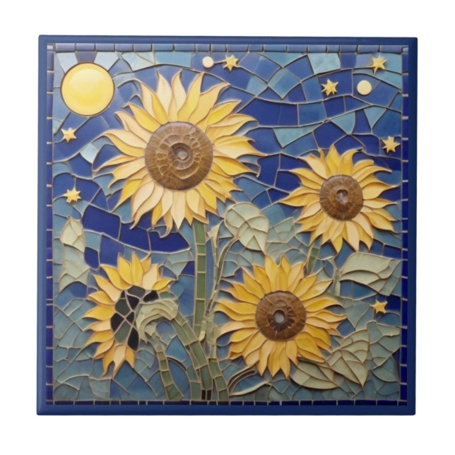 Carreau Tournesol Faux Mosaïque Jaune Tournesols Marine Bl (Devant)