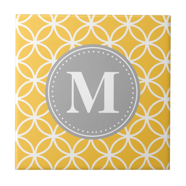 Carreau Tournesol Jaune Cercles géométriques Gris Monogram (Devant)
