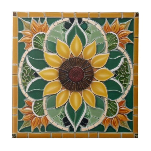 Carreau Tournesol Jaune Faux Mosaïque Vert foncé (Devant)