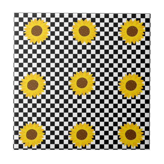 Carreau Tournesol noir et blanc À damiers Fleur Motif (Devant)