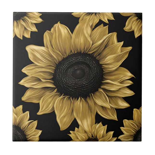 Carreau Tournesol Or Gras sur Fond Noir (Devant)