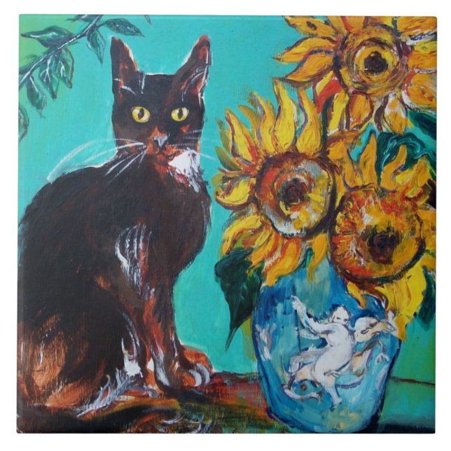 CARREAU TOURNESOLS AVEC CHAT NOIR EN TURQUOISE BLEU  (Devant)