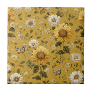 Carreau Tournesols et Papillons sur Fond Jaune