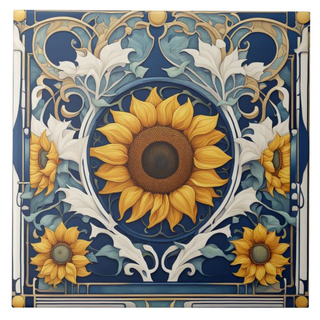 Carreau Tournesols Jaunes Art Nouveau Bleu (Devant)
