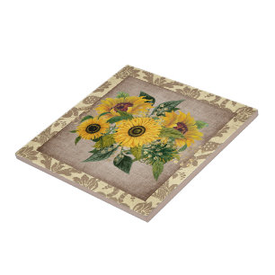 Carreau Tournesols Jaunes Rustiques Burlap Damassé Vintage