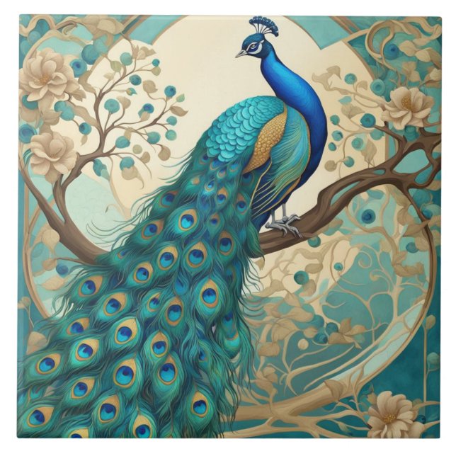 Carreau Tourquoise Peacock Bird Art Nouveau Art Déco (Devant)