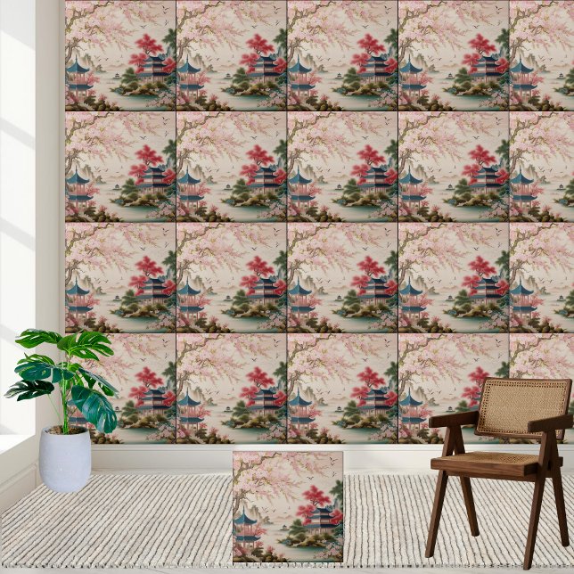 Carreau Tranquille Fleur Asiatique & Pagode Chinoiserie Ca (Tranquil Asian Blossom & Pagoda Chinoiserie Tile)