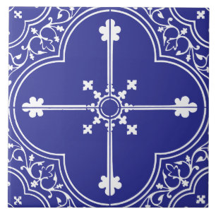 Carreau Trèfle gothique bleu croix vintage antique