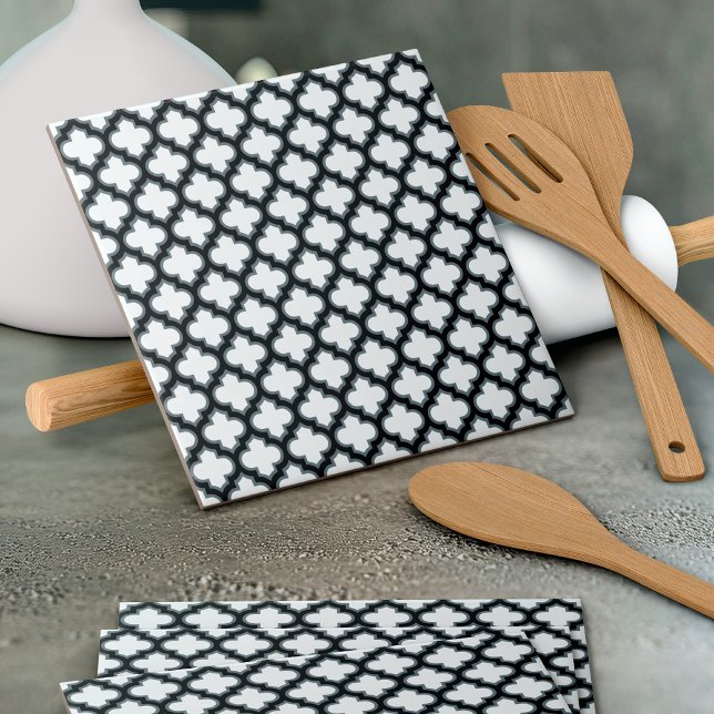Carreau Trellis blanc et noir, treillis, Quatrefoil (Créateur téléchargé)