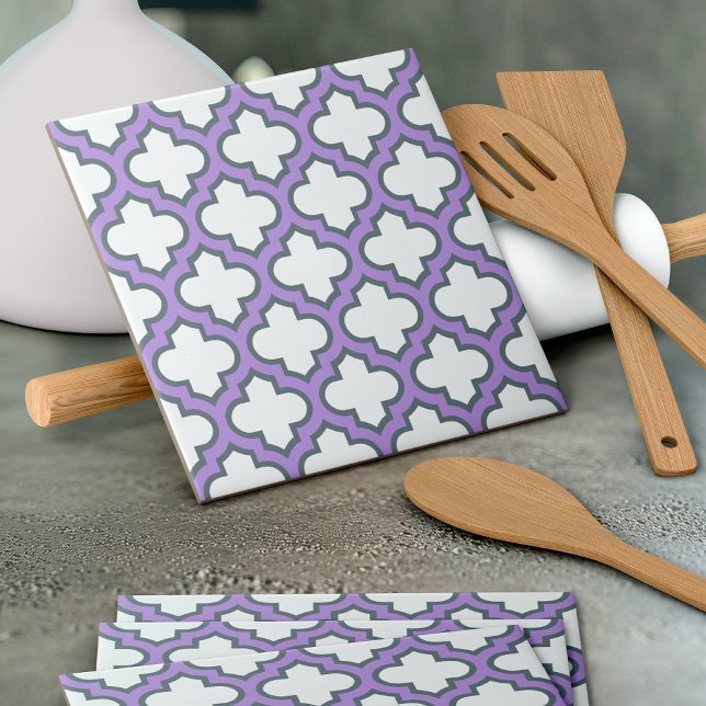 Carreau Trellis blanc et violet, treillis, Quatrefoil (Créateur téléchargé)